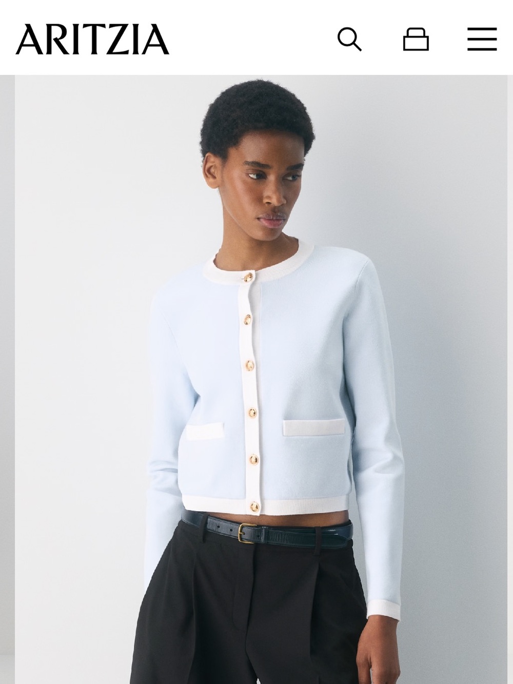 Babaton Pale Blue Cardigan with Cream Trim